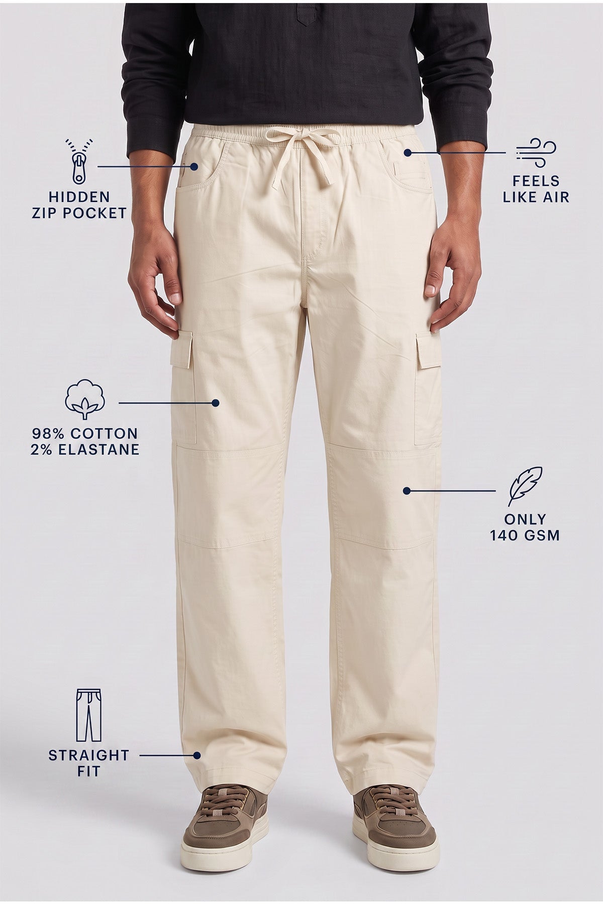 Awesome Beige Straight Fit Air Cargo Pants for men — ultra lightweight 140 GSM with hidden zip pocket