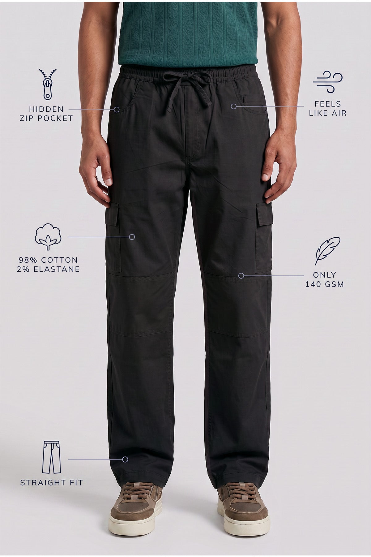 Black Straight Fit Air Cargo Pants for men — ultra lightweight 140 GSM with hidden zip pocket