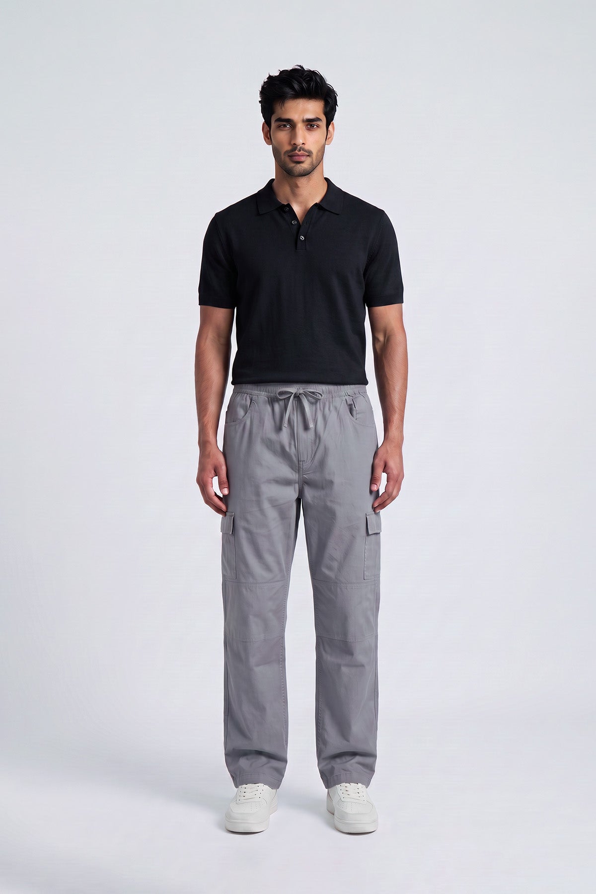 Mild Grey Straight Fit Air Cargo Pants for men — full length front view on model