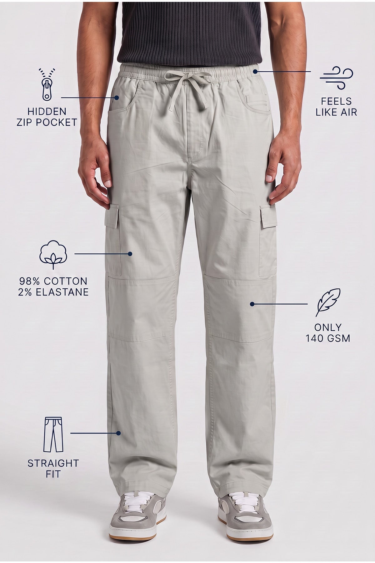 Sage Straight Fit Air Cargo Pants for men — ultra lightweight 140 GSM with hidden zip pocket