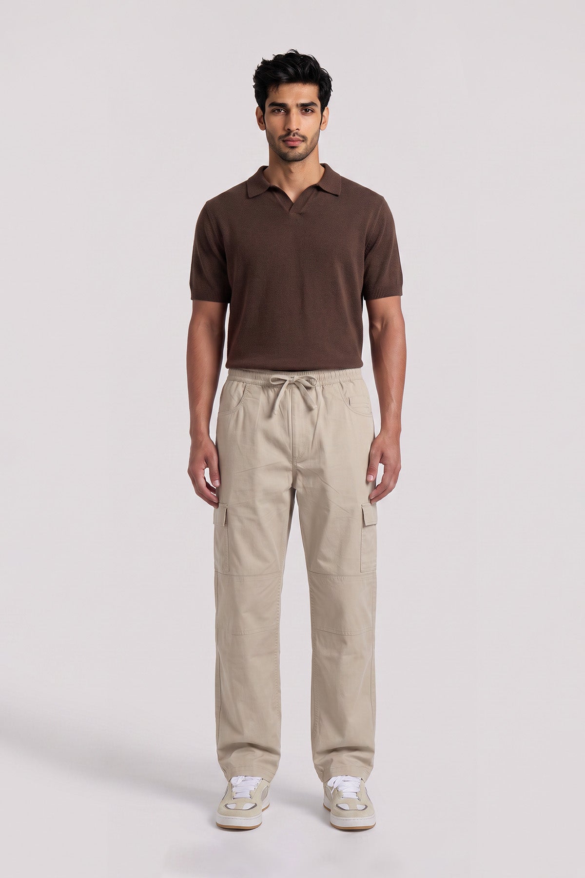 Soft Beige Straight Fit Air Cargo Pants for men — full length front view on model