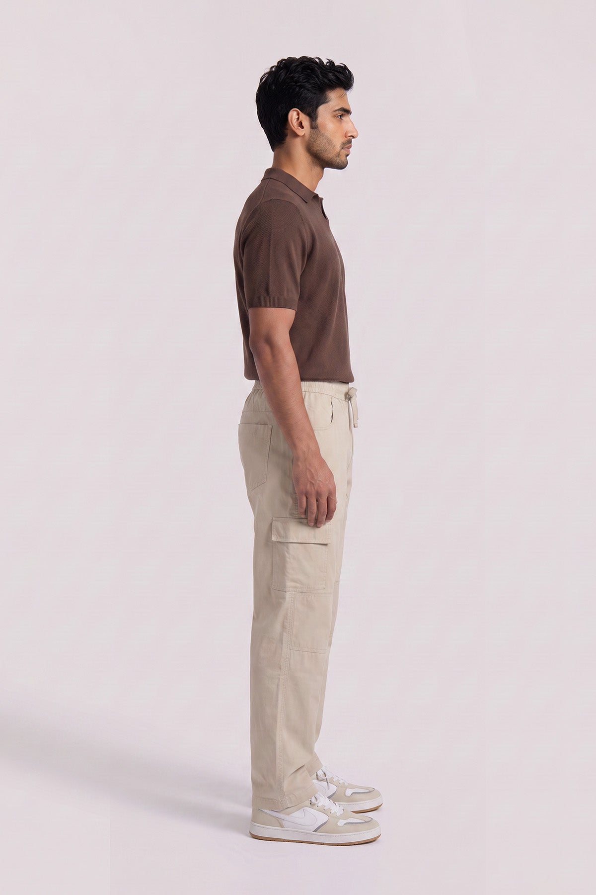 Soft Beige Straight Fit Air Cargo Pants for men — side view showing cargo pocket