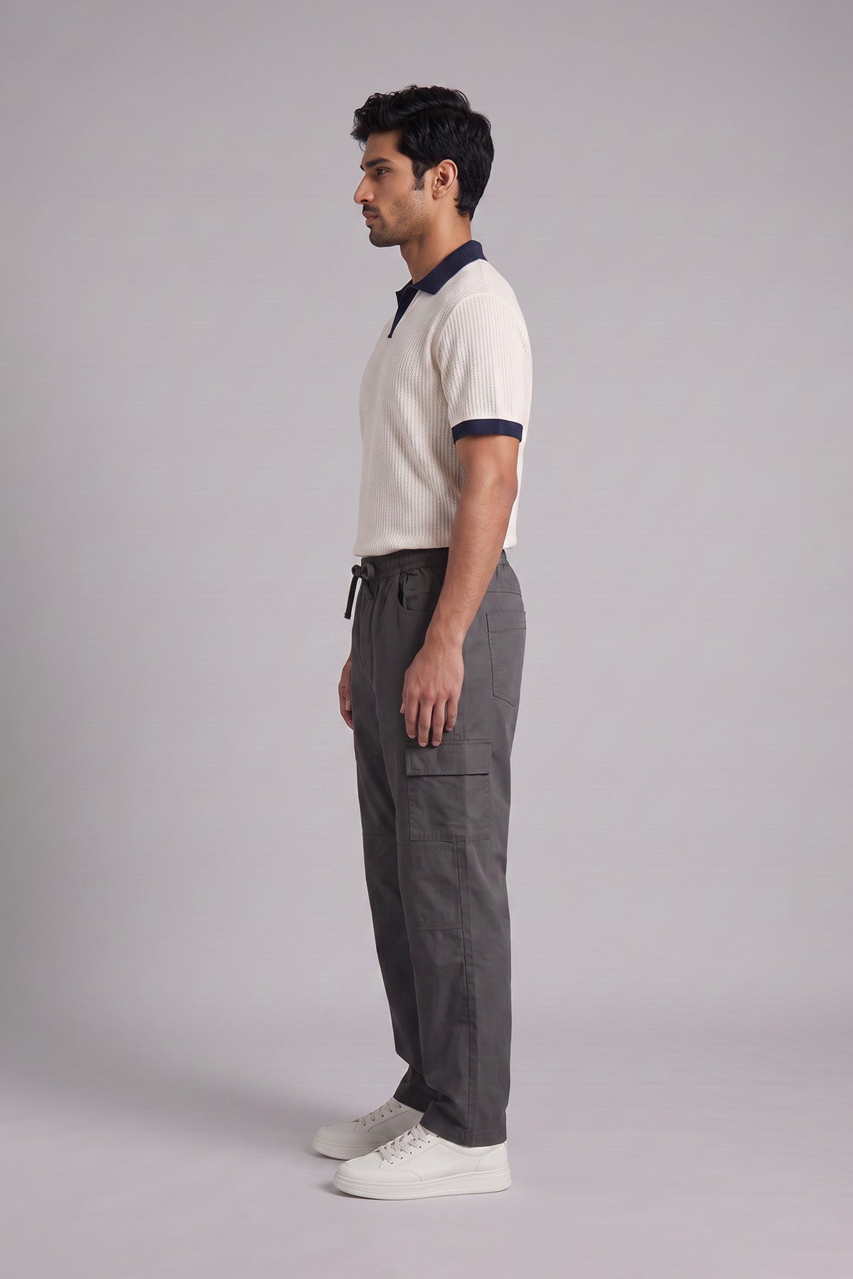 Alloy Grey Straight Fit Air Cargo Pants for men — side view showing cargo pocket