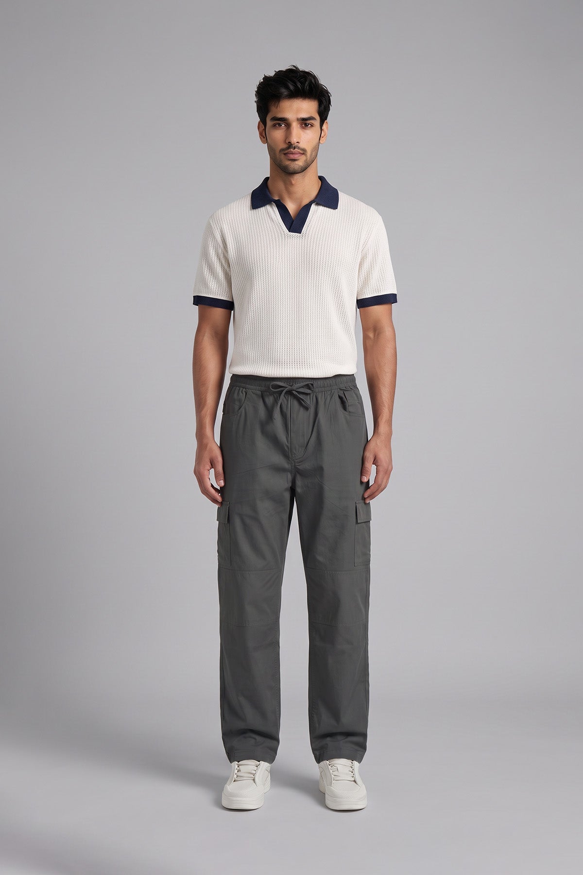 Alloy Grey Straight Fit Air Cargo Pants for men — full length front view on model