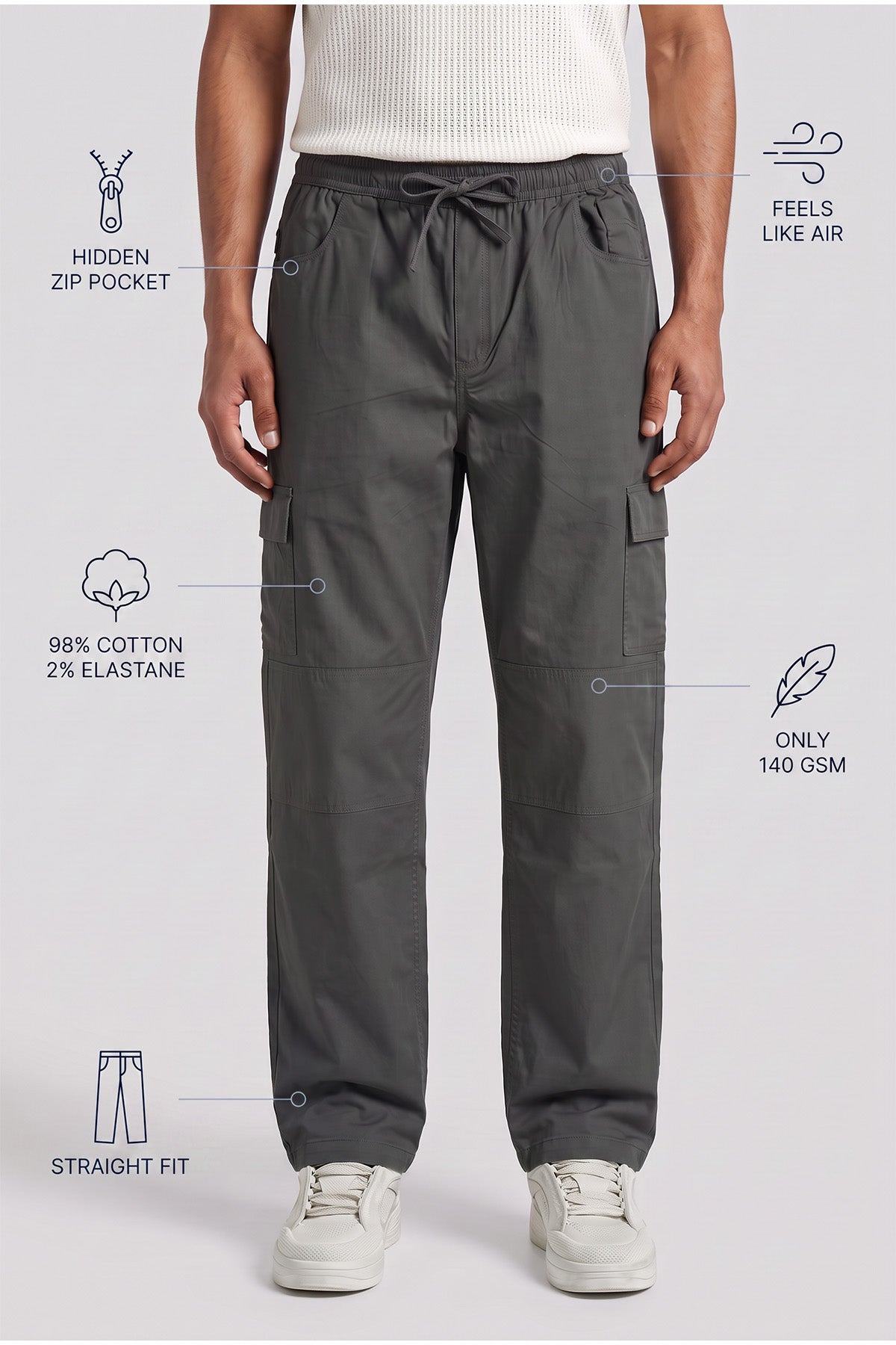 Alloy Grey Straight Fit Air Cargo Pants for men — ultra lightweight 140 GSM with hidden zip pocket