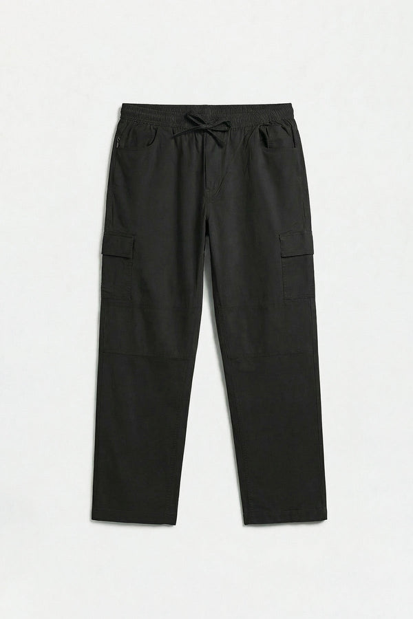 Black Straight Fit Air Cargo Pants for men in 98% premium cotton, 2% elastane