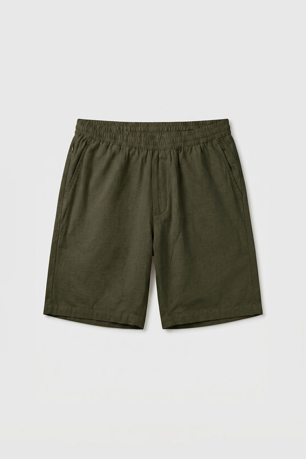 Olive Linen Blend Shorts for men in a cotton linen blend - 90 % Cotton, 10% Linen
