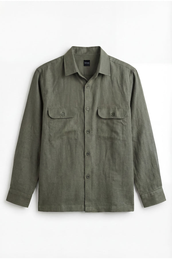 Forest Green Linen Overshirt for men in the blend of 30% linen & 70% cotton