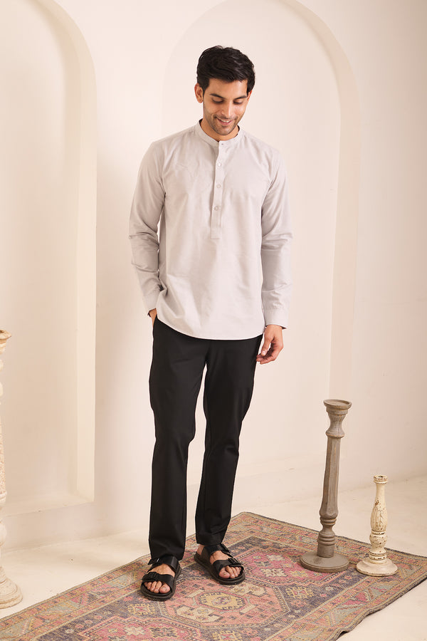 Light Grey Kurta for men in 100% cotton with a linen-like texture