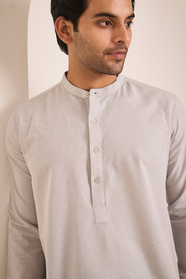 Light Grey Kurta for men in 100% cotton with a linen-like texture
