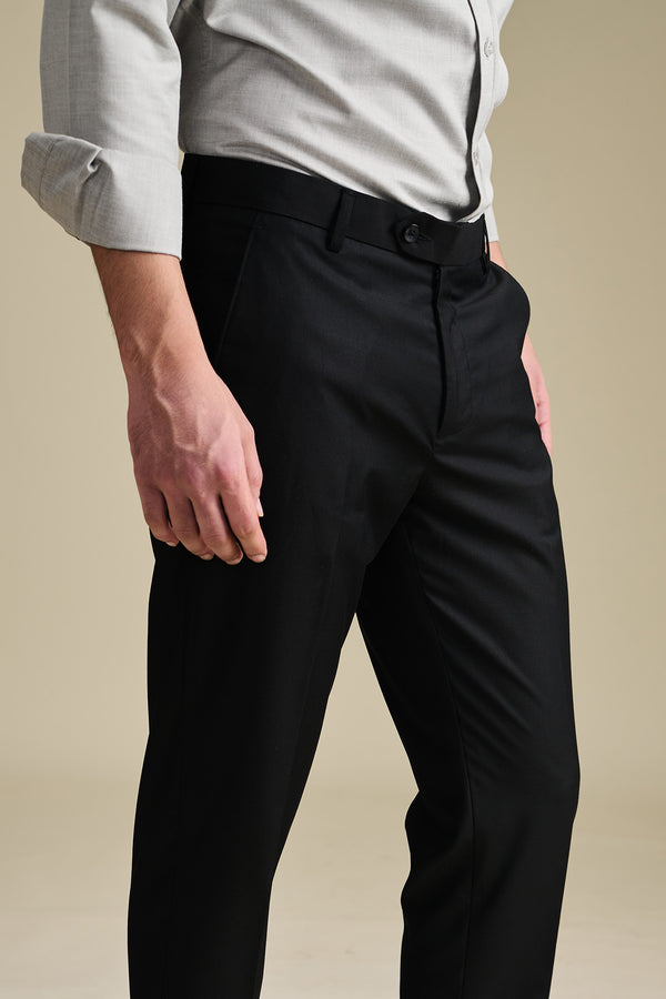 Jet Black Tailor Ready Pants for men — stretchable fabric and unhemmed Edges