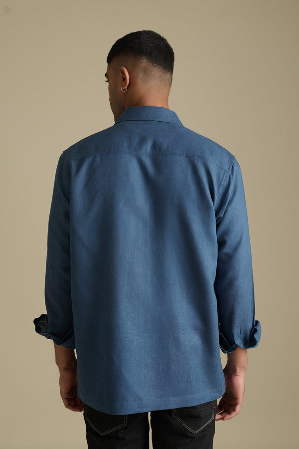 Denim Blue Linen Overshirt for men in the blend of 30% linen & 70% cotton