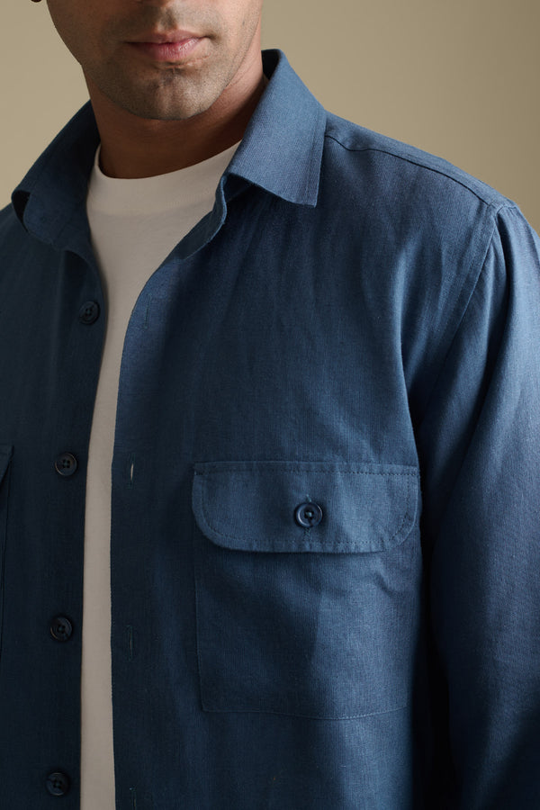 Denim Blue Linen Overshirt for men — breathable and lightweight