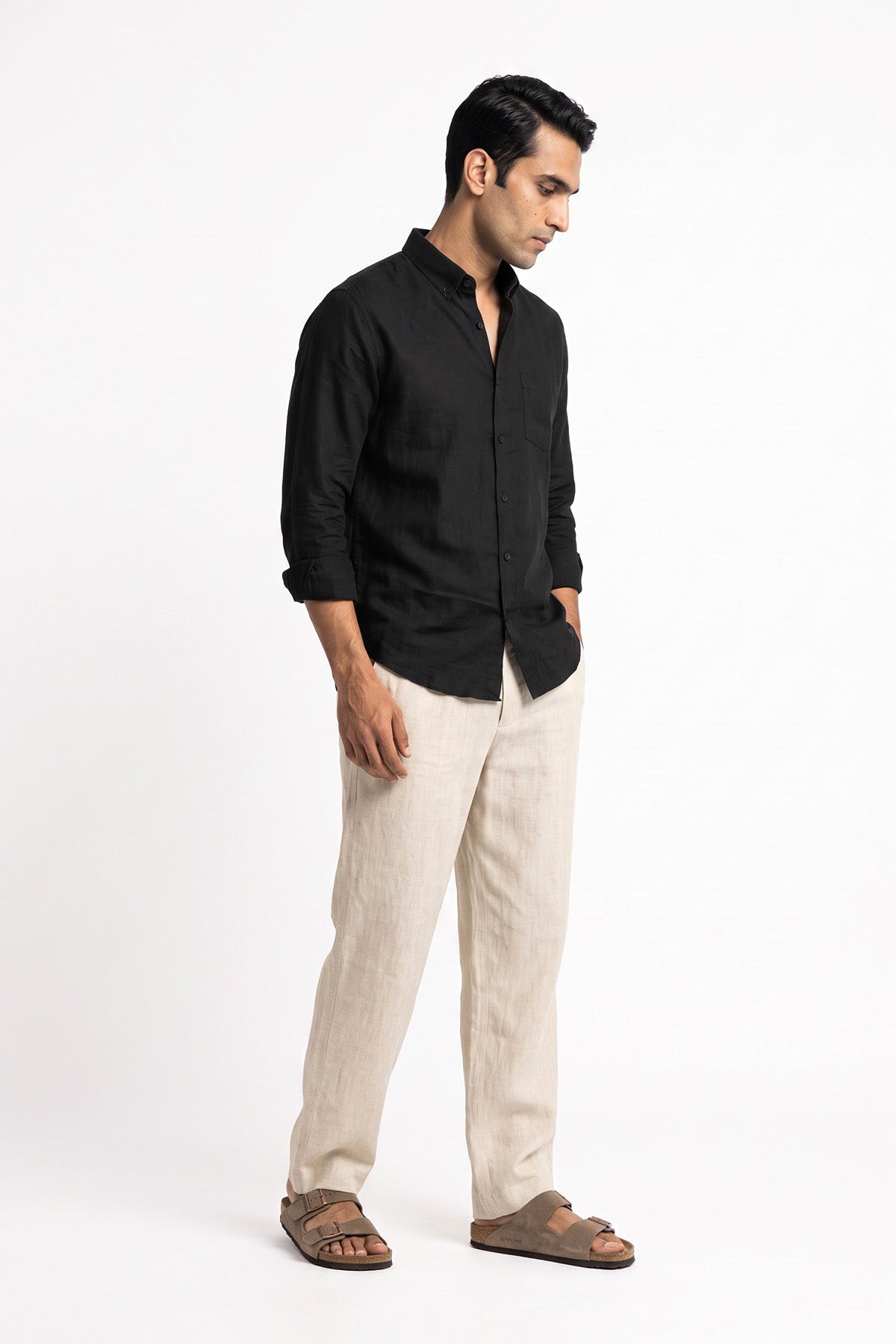 Black Linen Blend Shirt for men - full length
