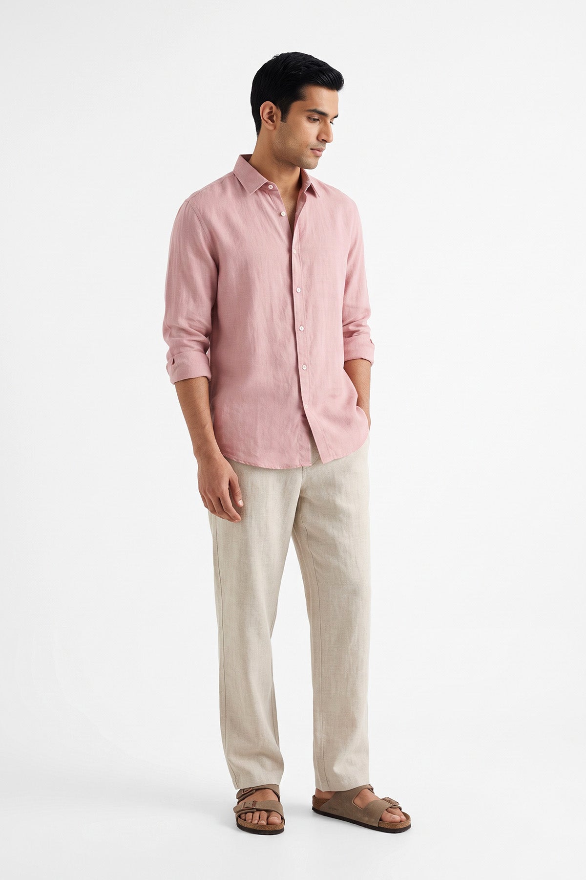 Petal Pink Linen Blend Shirt for men - full length