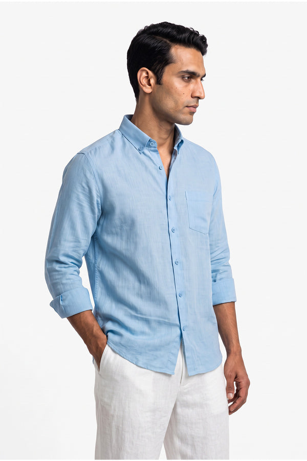 Powder Sky Linen Blend Shirt for men in 55% linen, 45% premium cotton