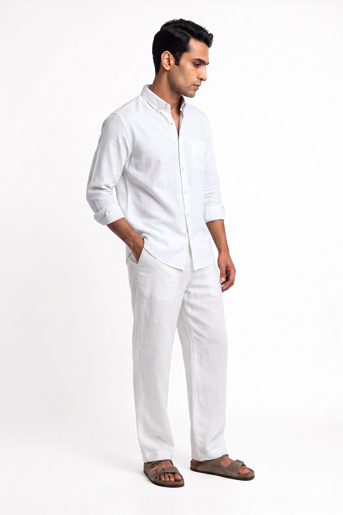 Pure White Linen Blend Shirt for men - full length