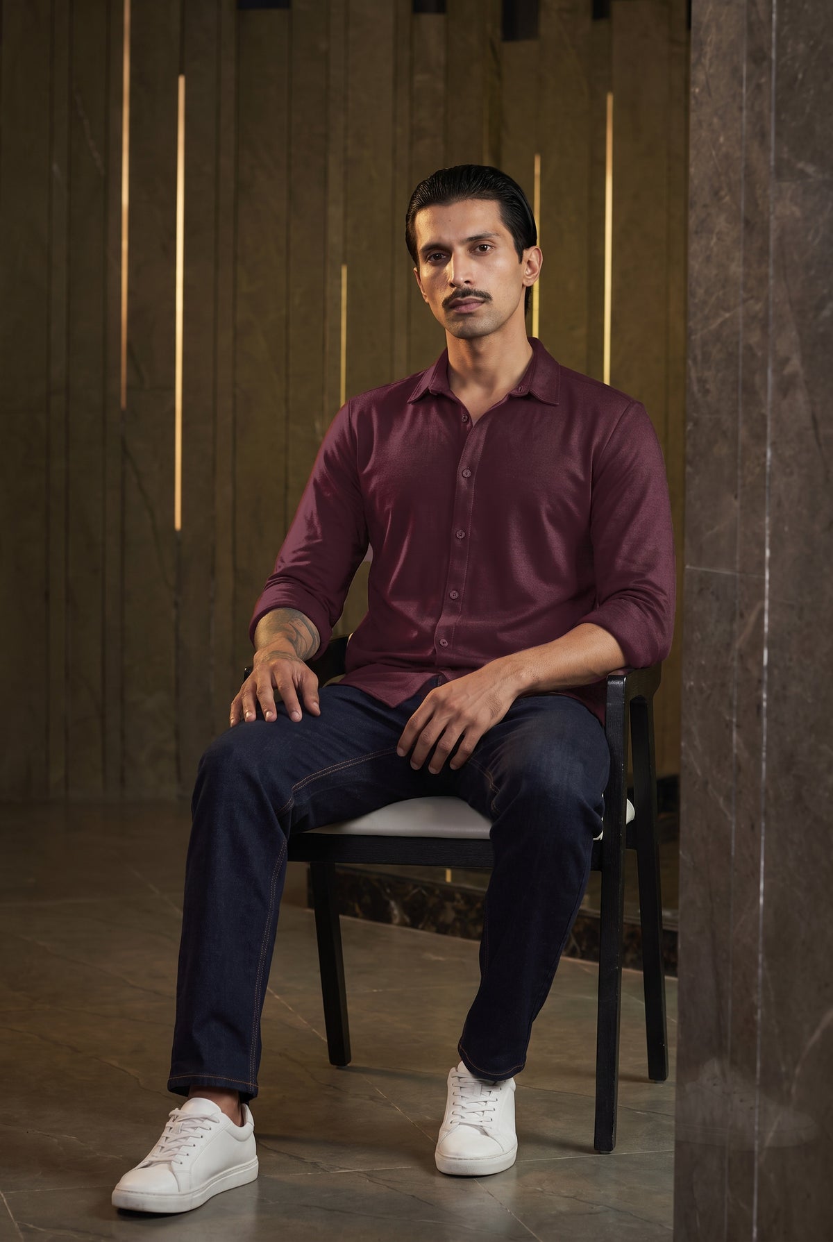 Dark Wine knit shirt - seated