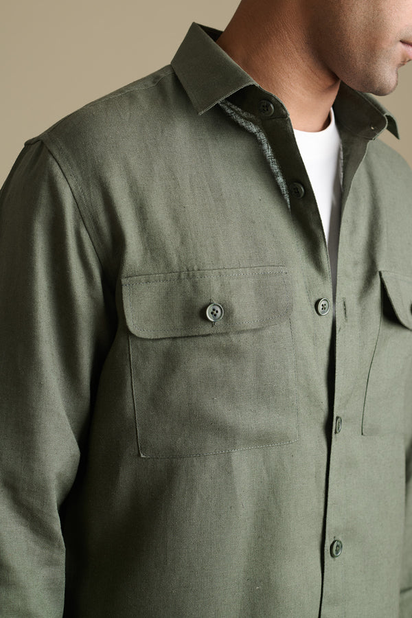 Forest Green Linen Overshirt for men — breathable and lightweight
