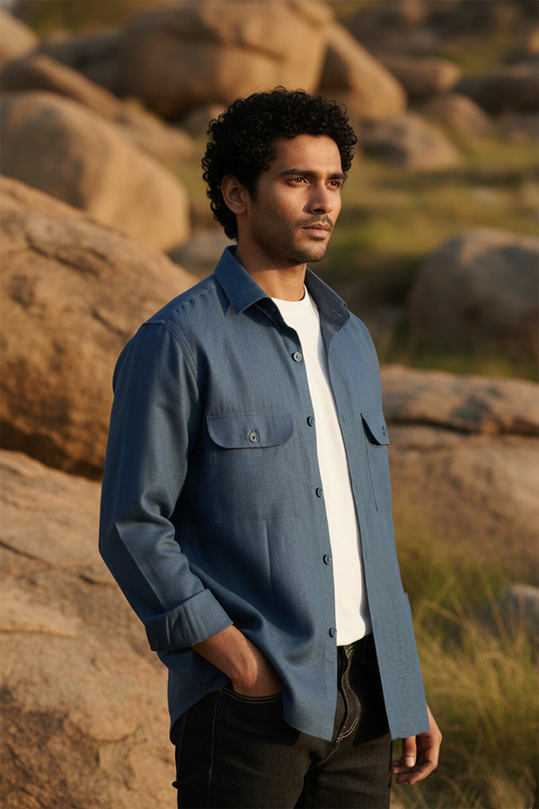 Denim Blue Linen Overshirt for men — relax fit to layer