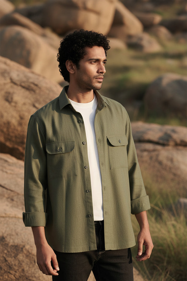 Forest Green Linen Overshirt for men — relax fit to layer