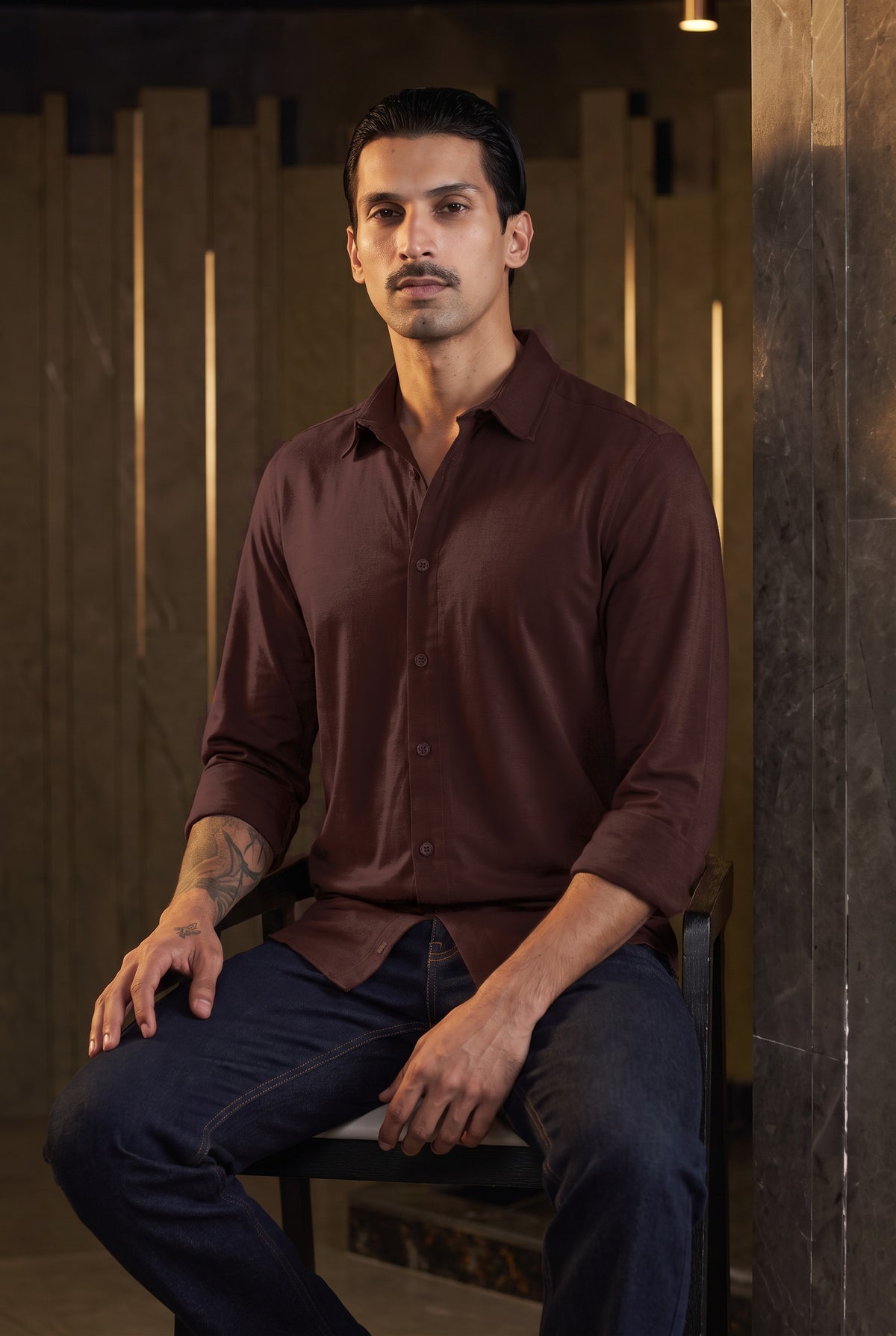 Mocha Brown knit shirt - seated
