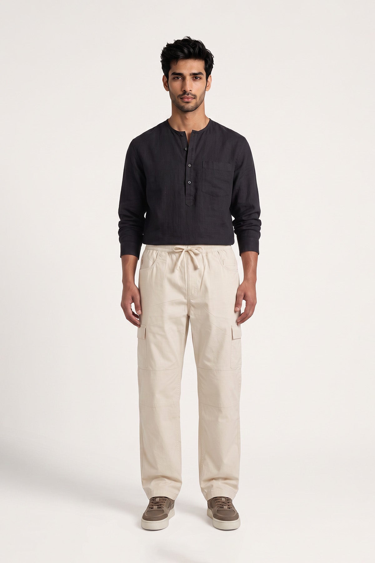 Awesome Beige Straight Fit Air Cargo Pants for men — full length front view on model