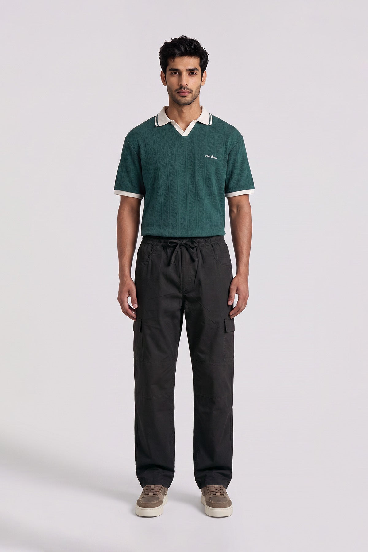 Black Straight Fit Air Cargo Pants for men — full length front view on model