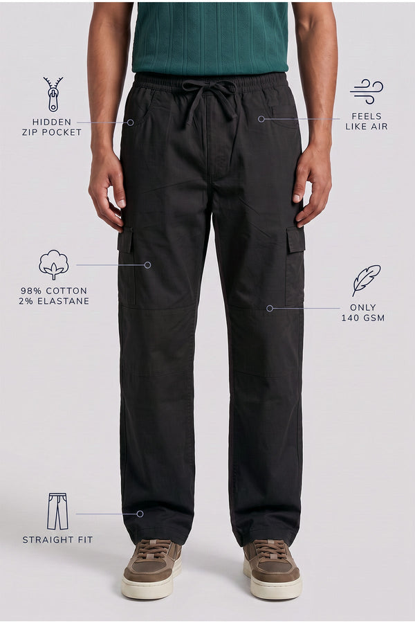 Black Straight Fit Air Cargo Pants for men — ultra lightweight 140 GSM with hidden zip pocket
