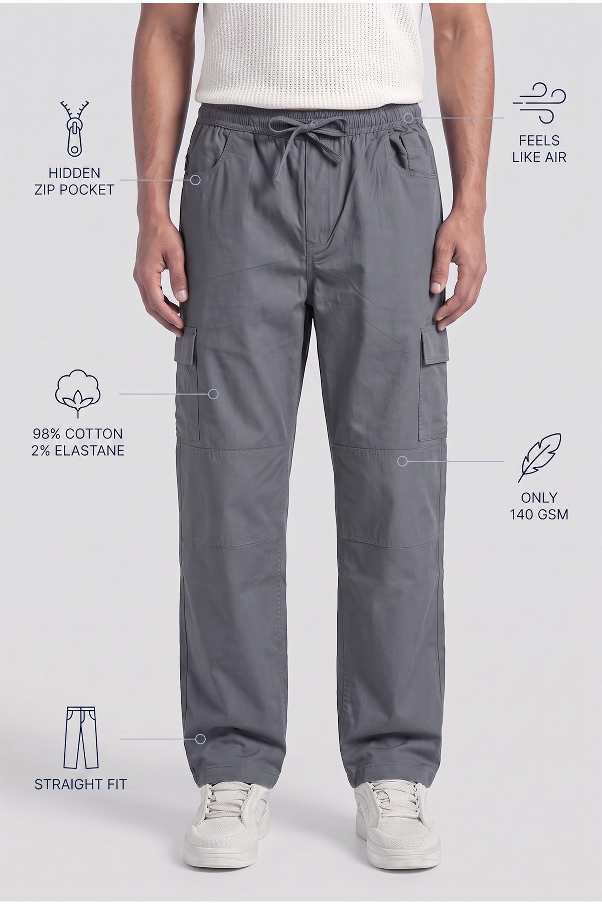 Mild Grey Straight Fit Air Cargo Pants for men — ultra lightweight 140 GSM with hidden zip pocket