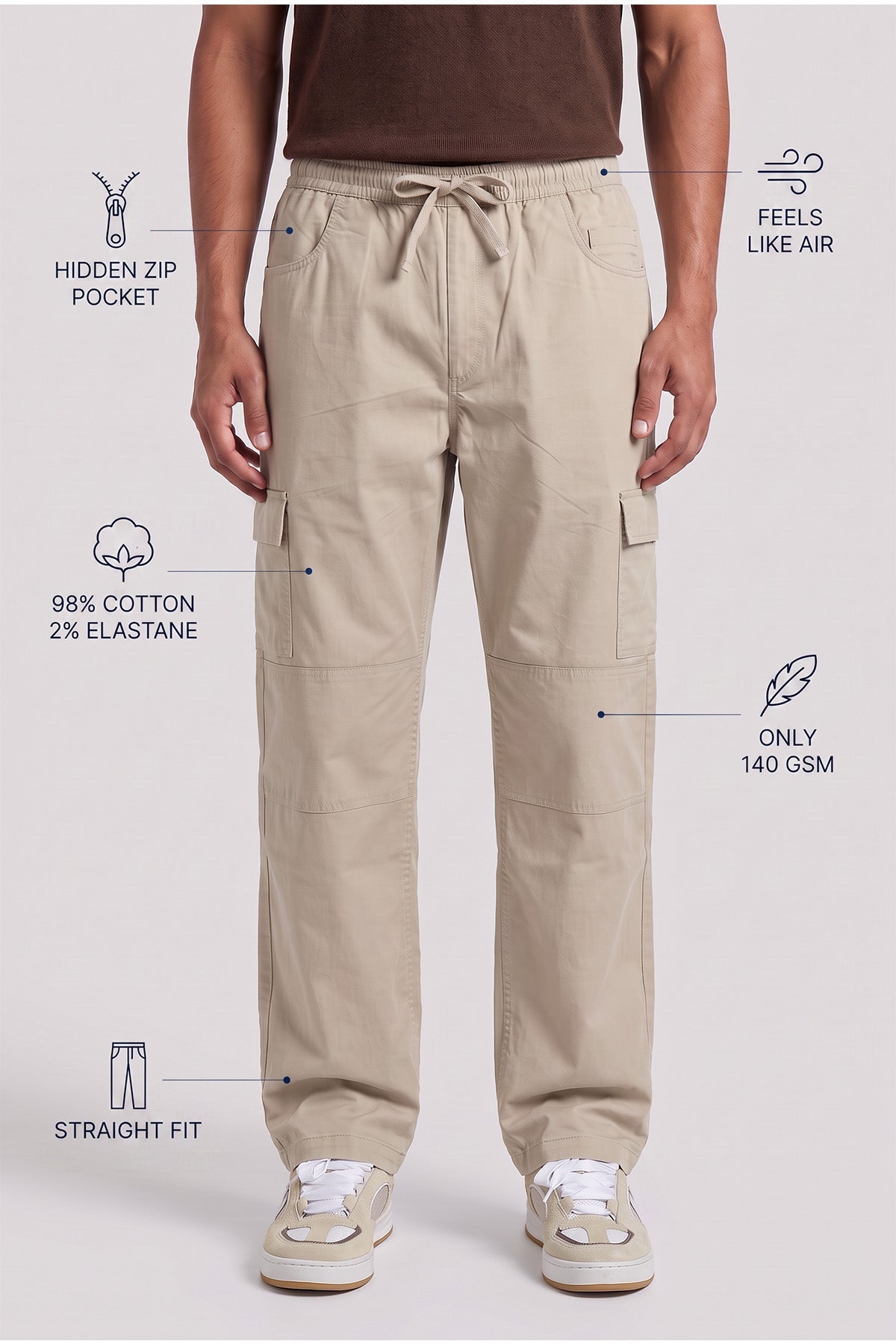Soft Beige Straight Fit Air Cargo Pants for men — ultra lightweight 140 GSM with hidden zip pocket