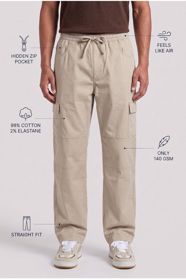 Soft Beige Straight Fit Air Cargo Pants for men — ultra lightweight 140 GSM with hidden zip pocket
