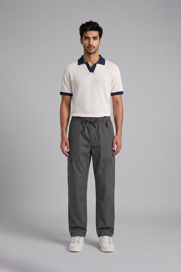 Alloy Grey Straight Fit Air Cargo Pants for men — full length front view on model