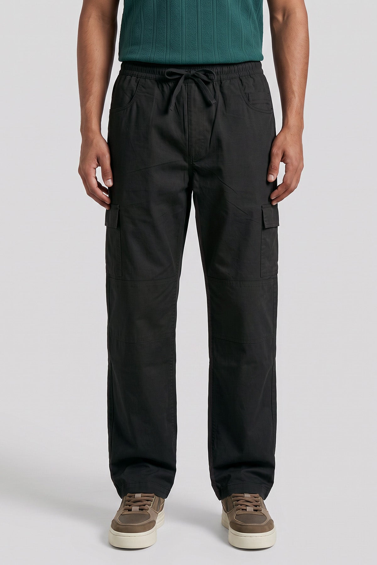 Black Straight Fit Air Cargo Pants for men — straight leg through the thigh and hem
