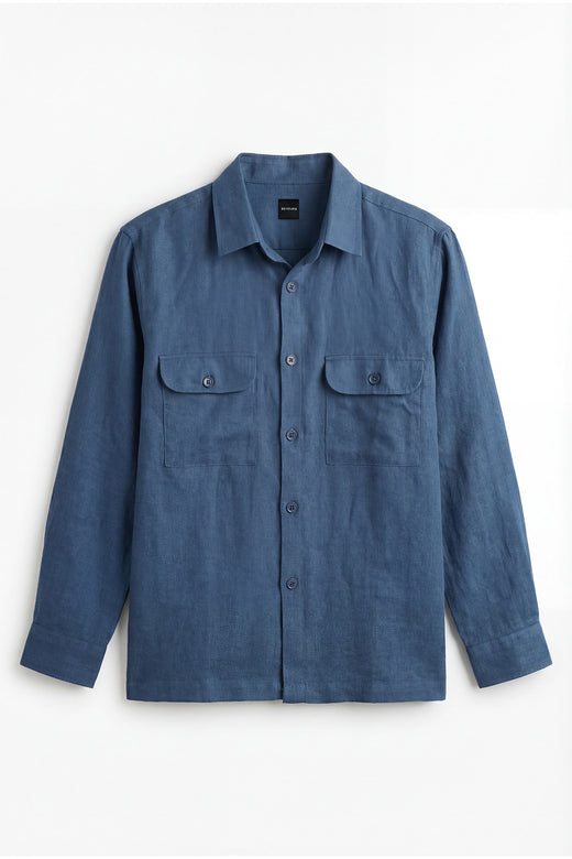 Denim Blue Linen Overshirt for men in the blend of 30% linen & 70% cotton