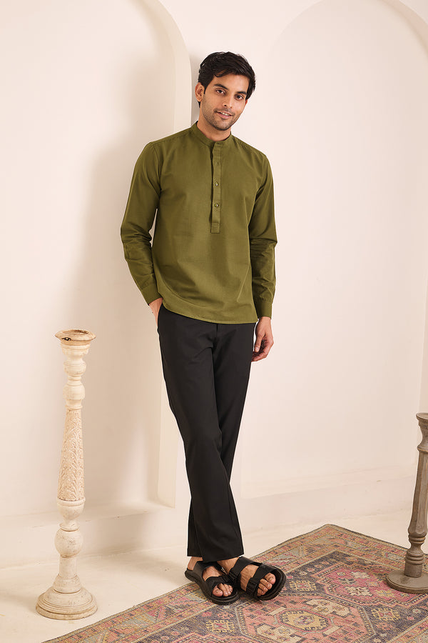 Palm Green Kurta for men in 100% cotton with a linen-like texture