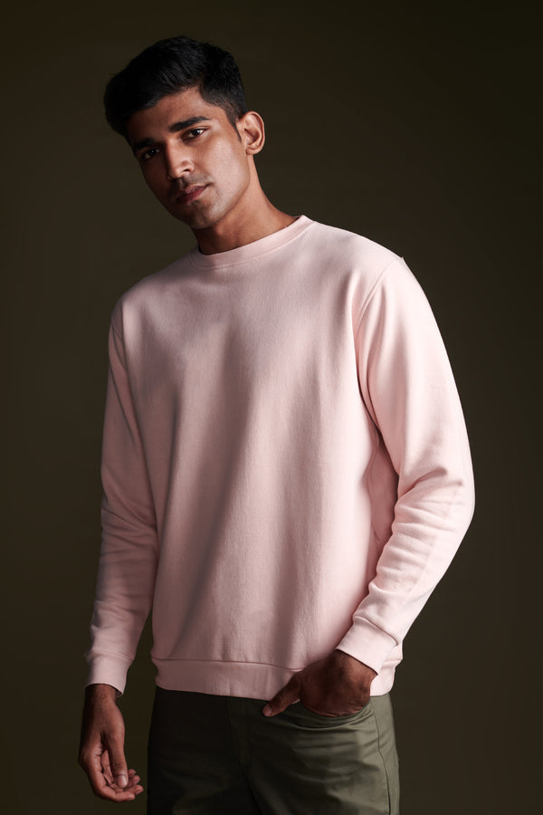 Baby Pink Sweatshirt for men — model's height is 6" and waist is 32"