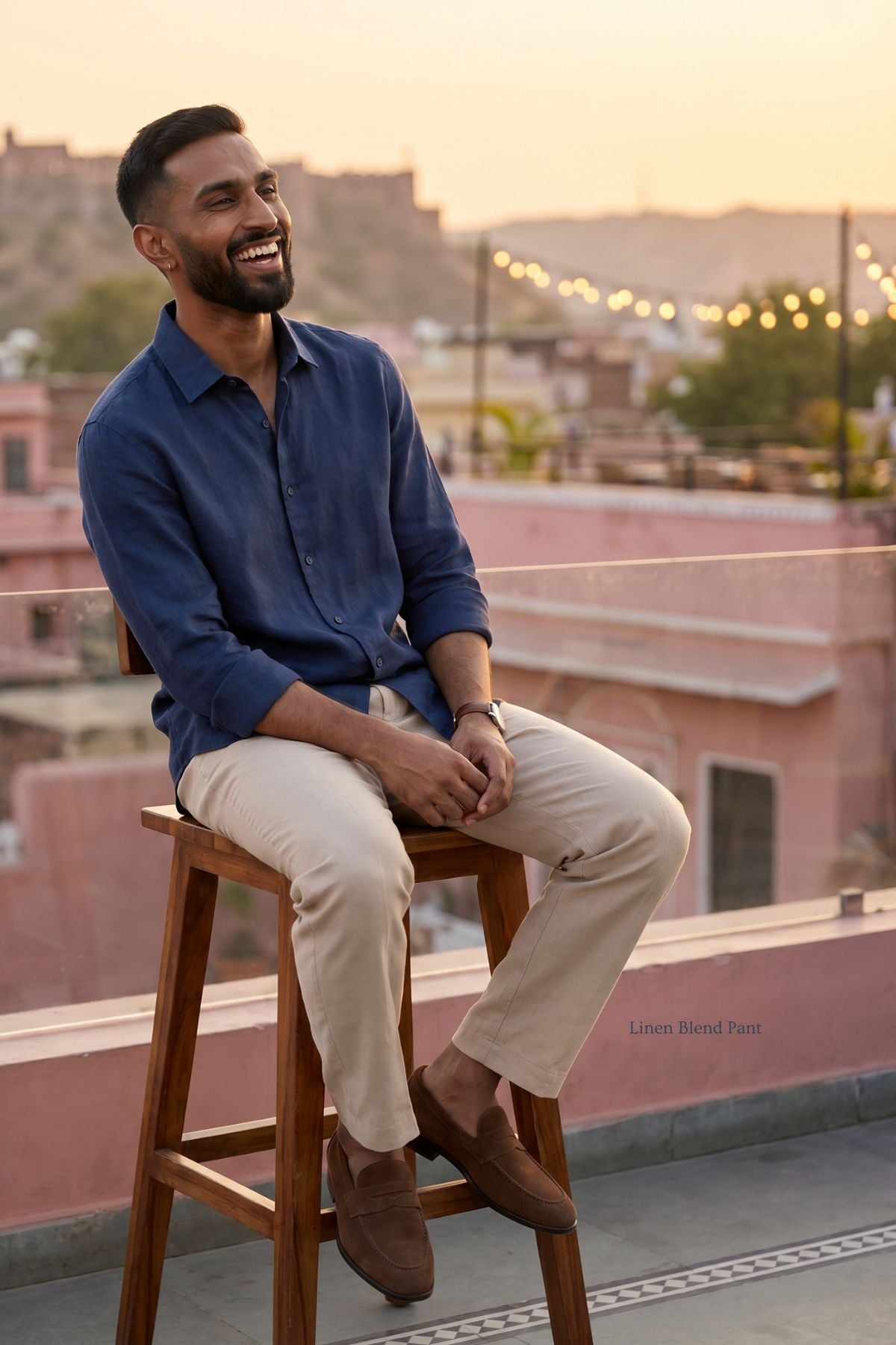 The Indigo Coast — indigo linen shirt with beige linen pant