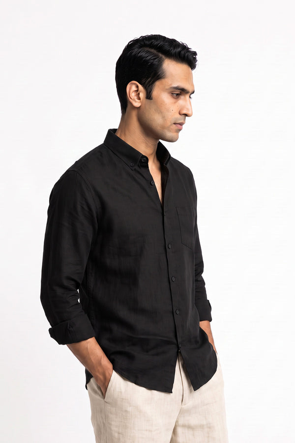 Black Linen Blend Shirt for men - regular fit