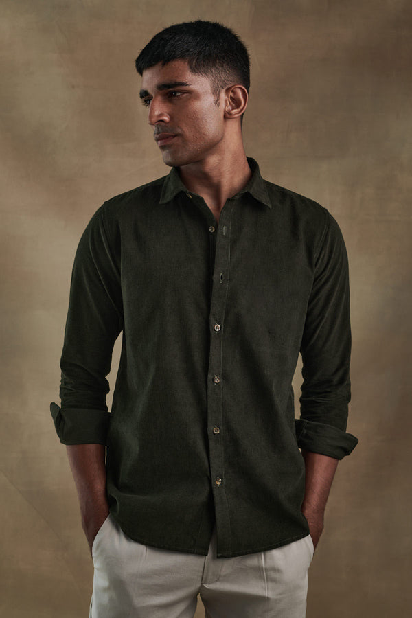 Dark Olive Corduroy Shirt for men — regular fit