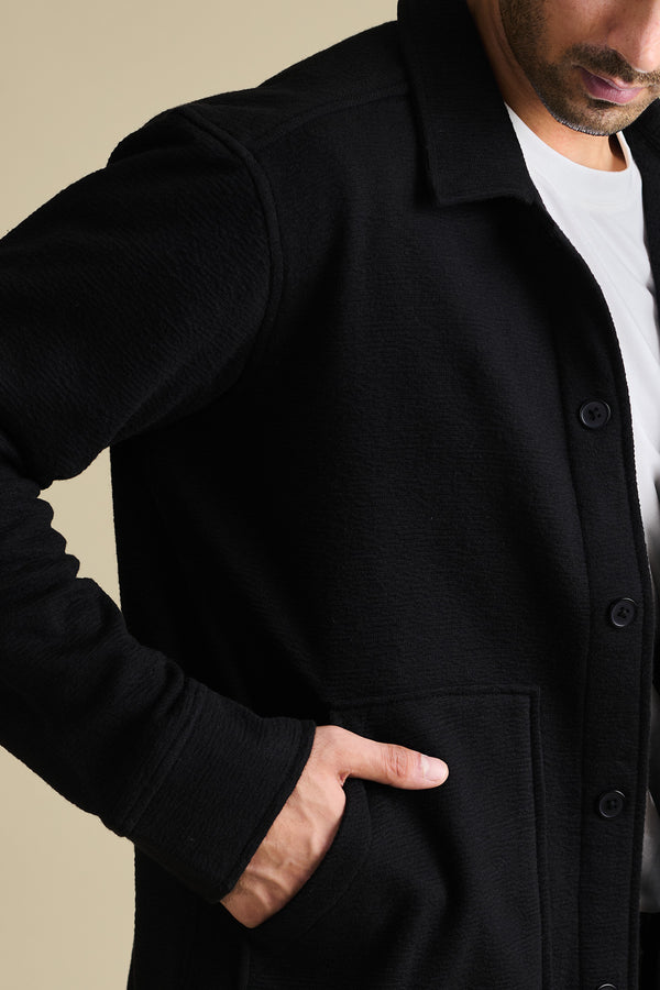 Textured Jet Black Overshirt for men — relax fit to layer