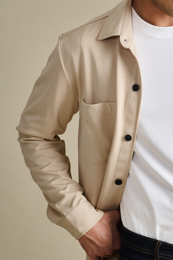 Knit Sand Beige Overshirt for men — midweight and wrinkle free fabric - Falls smooth on body