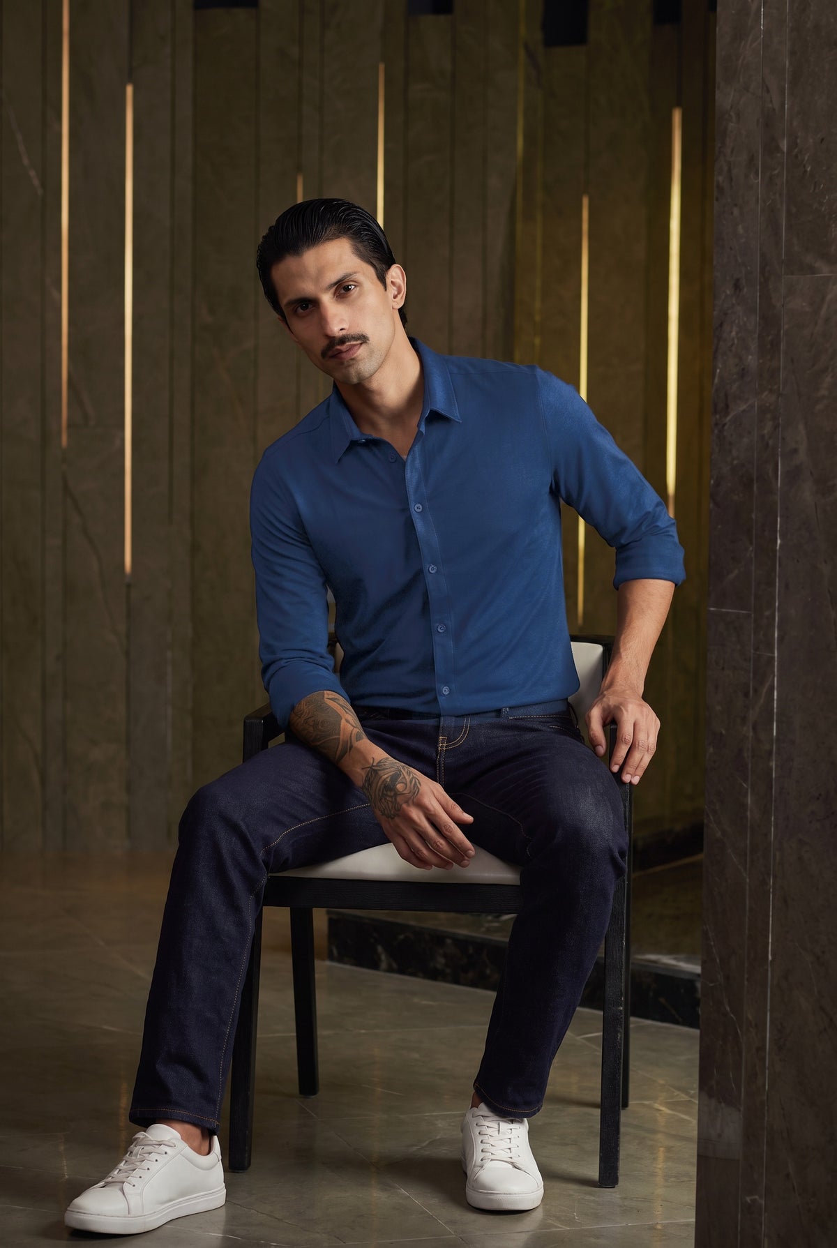 Midnight Blue knit shirt - seated
