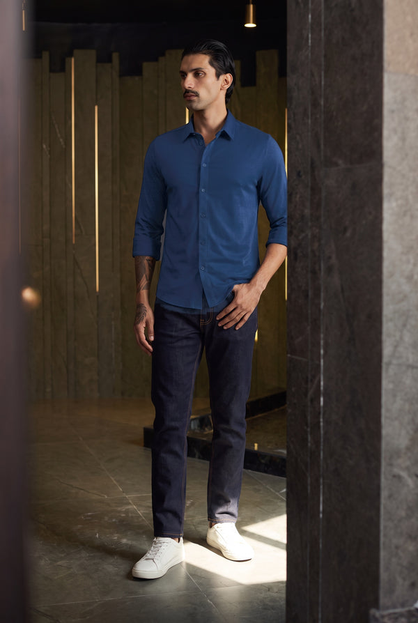 Midnight Blue knit shirt - standing