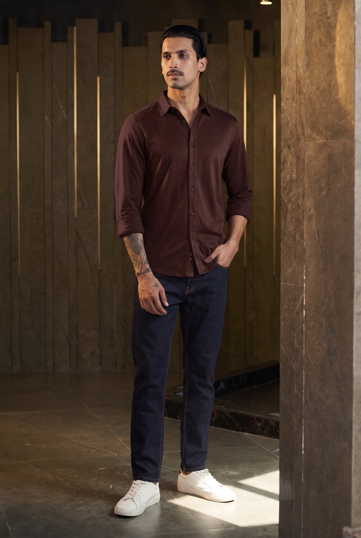 Mocha Brown knit shirt - standing