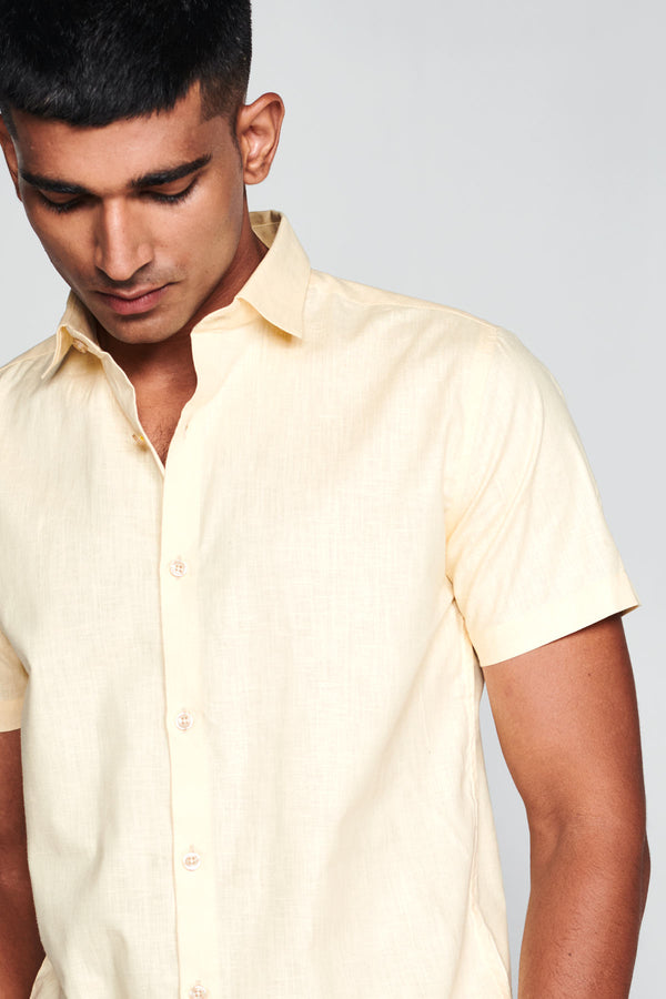 Soft Yellow Half Sleeves Cotton Linen Shirt for men — regular fit