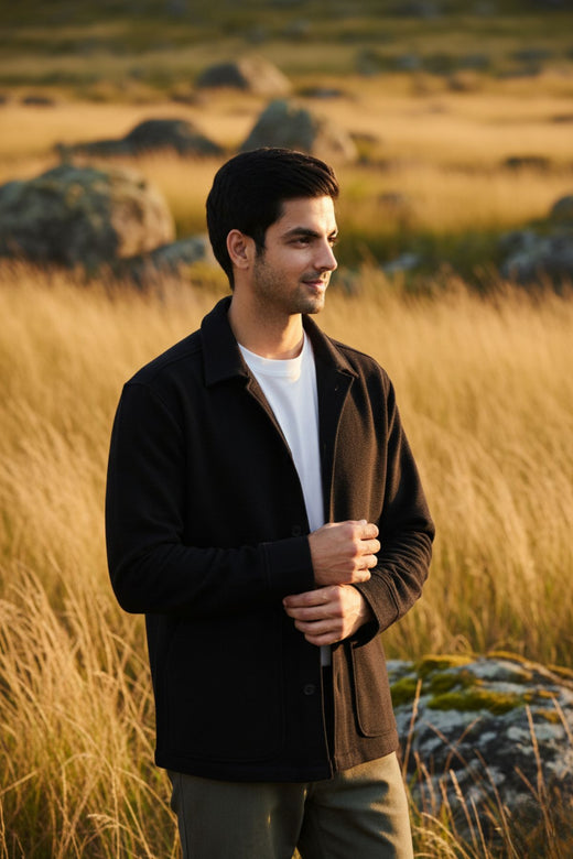 Textured Jet Black Overshirt for men in fabric - 100% premium cotton