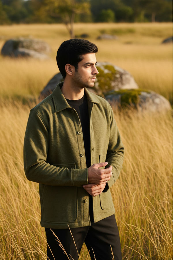 Textured Vintage Olive Overshirt for men in fabric - 100% premium cotton